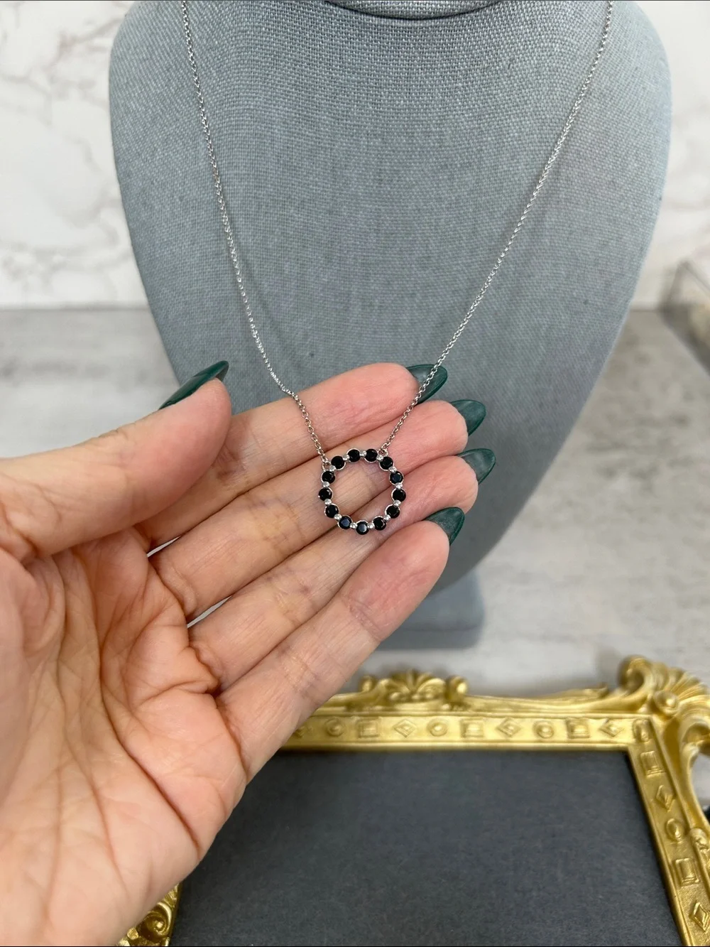 Bomb Party Silver Circle Pendant Necklace with Black Crystals